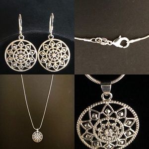 925 Sterling Silver Necklace and Earring Set Round SunFlower Bohemian